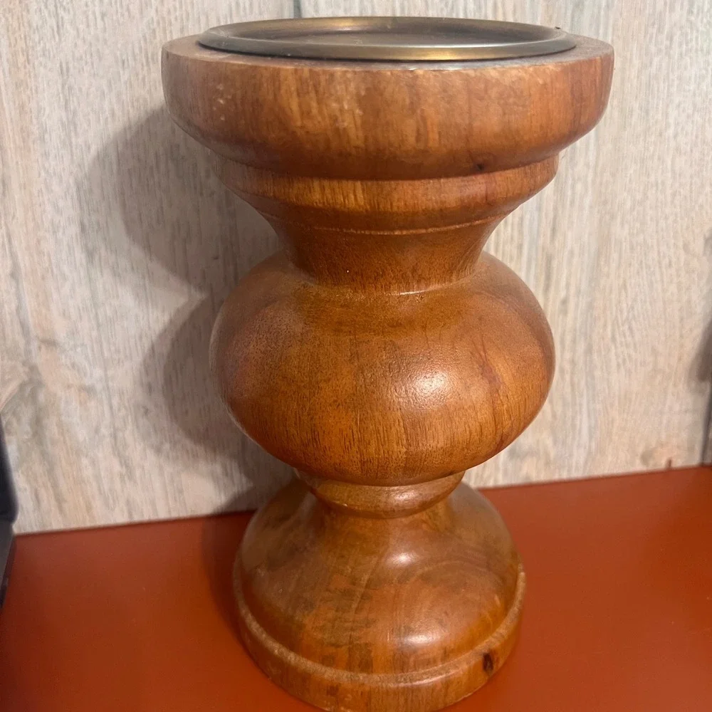 Vintage Turned Wood Pillar Candle Holder Brown Farmhouse Rustic Home Decor 7.5in